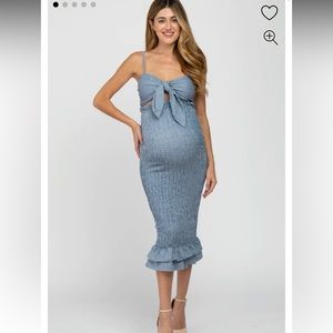 Pink Blush Blue Gingham Print Smocked Fitted Self-Tie Maternity Midi Dress